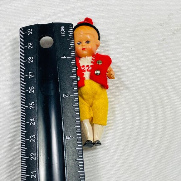 3" Doll With Red Vest Yellow Pants & Black Hat Painted Face Movable Arms & Legs - Picture 6 of 6